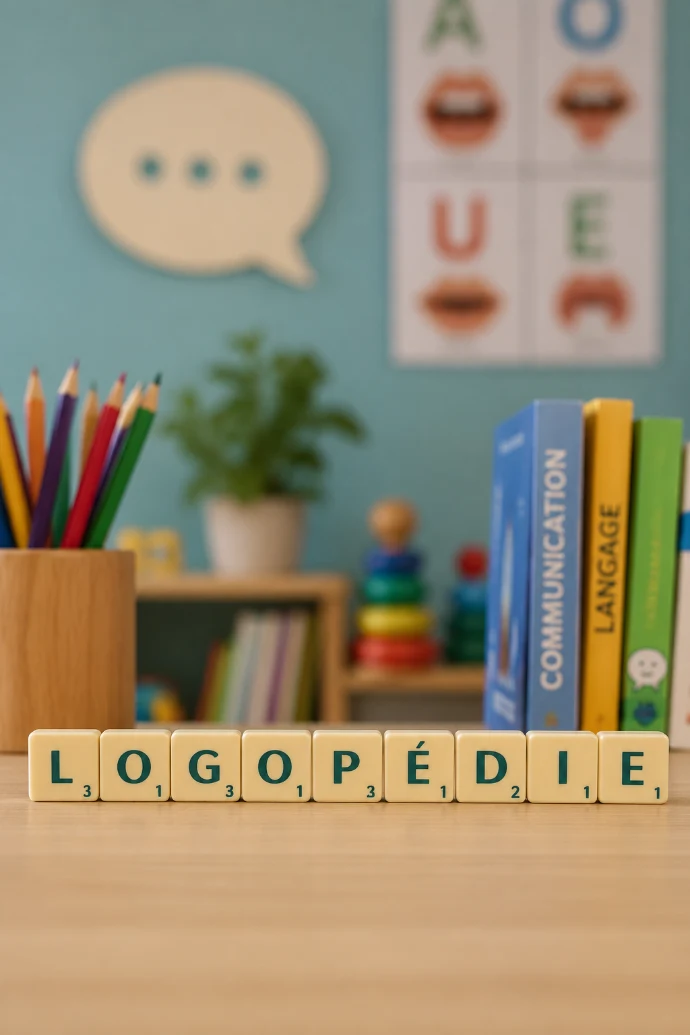 Illustration de la logopédie scabble, communication, langage, crayons, lettres
